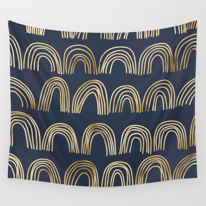 Gold Boho Rainbows Pattern Navy Blue Wall Tapestry