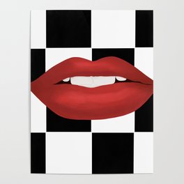 Red Lips on Black and White Checkerboard Pattern Poster
