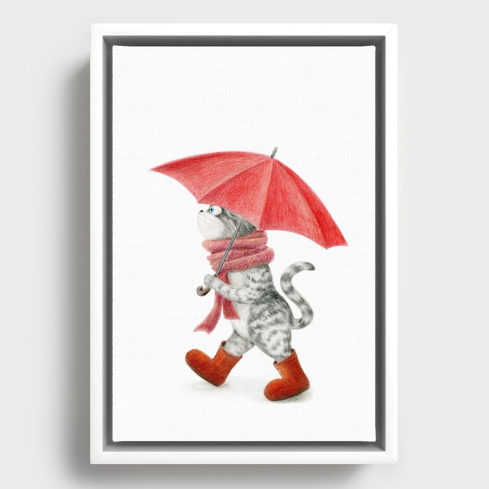 Tabby Cat with a red umbrella Framed Canvas