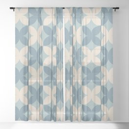Geometric Flower Pattern 930 Blue and Linen White Sheer Curtain