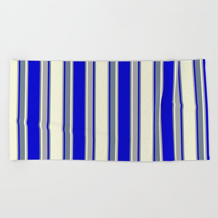 Beige, Dark Grey, Blue, and Slate Gray Colored Pattern of Stripes Beach Towel