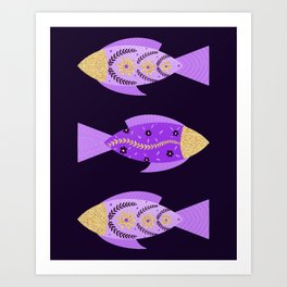 Purple and gold floral scandi fishes Art Print