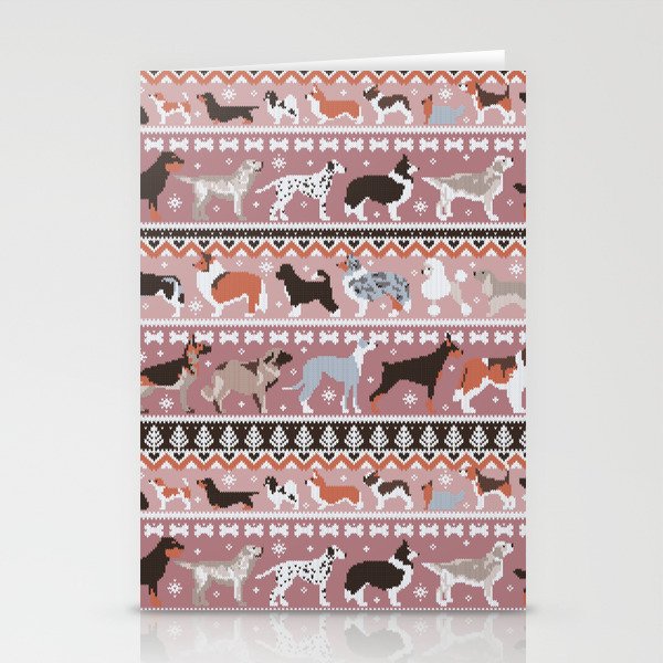 Fluffy and bright fair isle knitting doggie friends // dry rose and careys pink background brown orange white and grey dog breeds  Stationery Cards