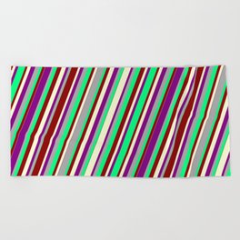 [ Thumbnail: Colorful Dark Gray, Green, Dark Red, Light Yellow, and Purple Colored Lined/Striped Pattern Beach Towel ]
