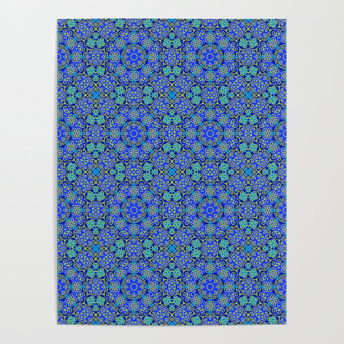 Intricate Gold & Blue Brocade Textile Pattern Poster
