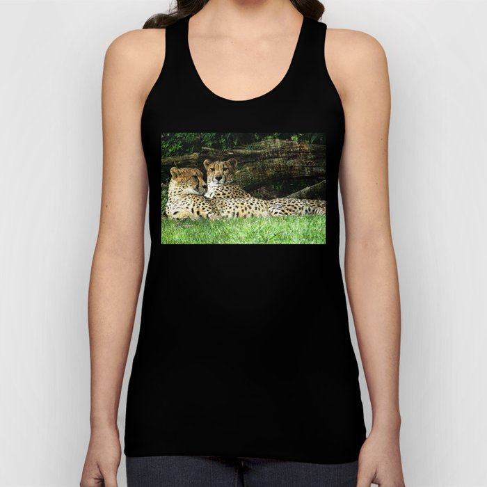 Two Cheetahs Lounging in Grass in Front of Log, Grunge Photograph Tank Top