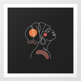African woman in a line art style with abstract shapes. Dark background. Art Print