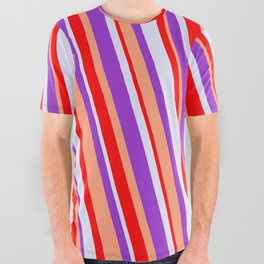 [ Thumbnail: Red, Lavender, Dark Orchid & Light Salmon Colored Pattern of Stripes All Over Graphic Tee ]