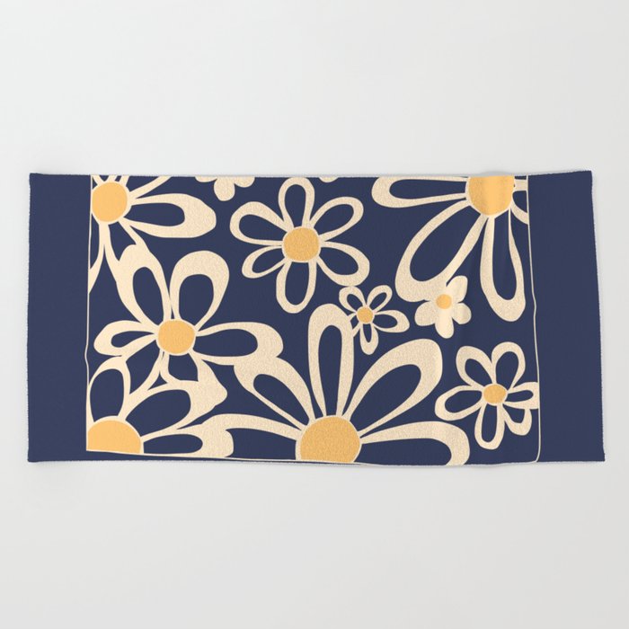FlowerPower - Dark Blue Colourful Retro Minimalistic Art Design Pattern Beach Towel