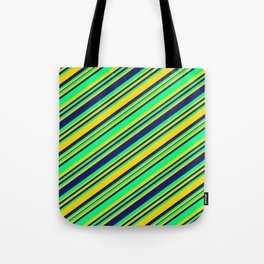 [ Thumbnail: Midnight Blue, Green, and Yellow Colored Lines/Stripes Pattern Tote Bag ]
