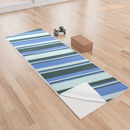 [ Thumbnail: Cornflower Blue, Light Cyan, and Dark Slate Gray Colored Pattern of Stripes Yoga Towel ]