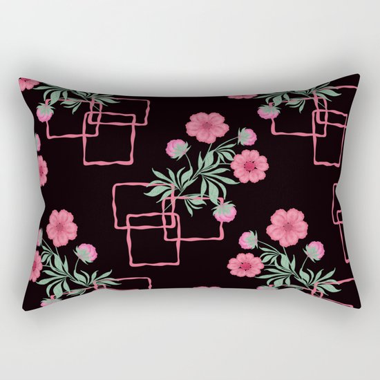Red ,pink flowers on black background . Rectangular Pillow