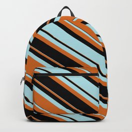 [ Thumbnail: Powder Blue, Chocolate & Black Colored Lined Pattern Backpack ]