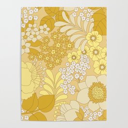 Yellow, Ivory & Brown Retro Floral Pattern Poster