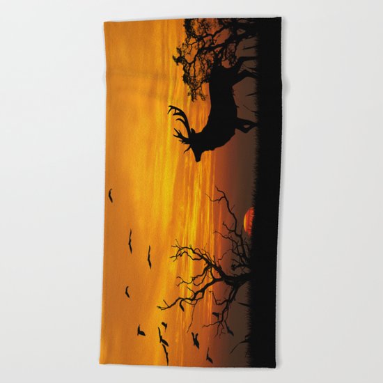 Sunset Deer Silhouette Beach Towel