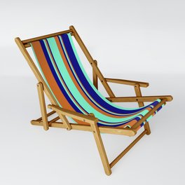 [ Thumbnail: Chocolate, Aquamarine & Blue Colored Stripes Pattern Sling Chair ]