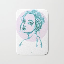 Blue Girl in a Pink Circle Bath Mat | Delicate, Heart, Girl, Minimal, Ink Pen, Blue, Pen, Ritratto, Pink, Drawing 