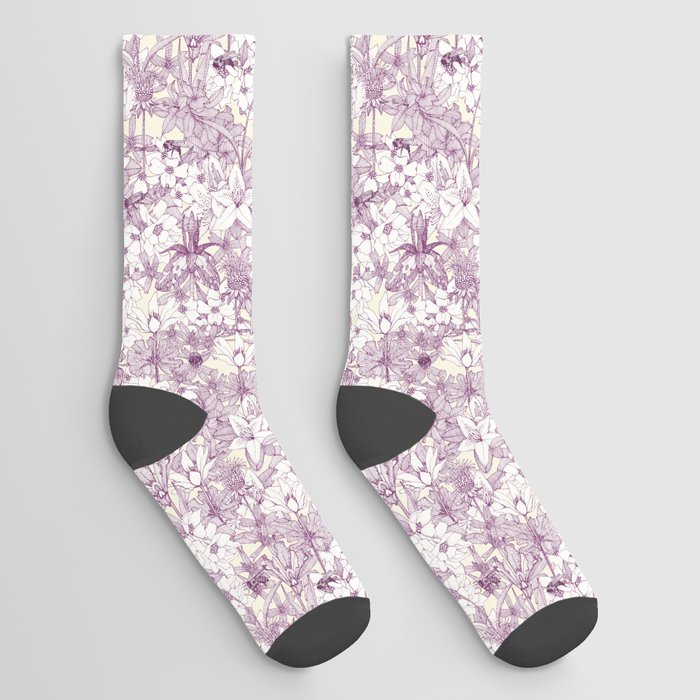 NC wildflowers and bees purple Socks