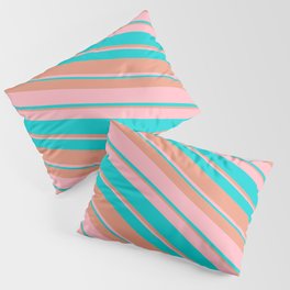 [ Thumbnail: Dark Salmon, Light Pink & Dark Turquoise Colored Stripes Pattern Pillow Sham ]