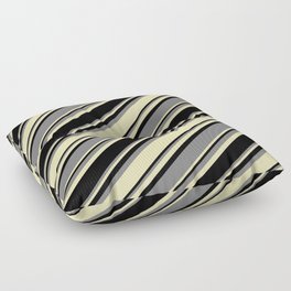 [ Thumbnail: Black, Grey & Beige Colored Striped Pattern Floor Pillow ]