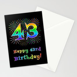 [ Thumbnail: 43rd Birthday - Fun Rainbow Spectrum Gradient Pattern Text, Bursting Fireworks Inspired Background Stationery Cards ]