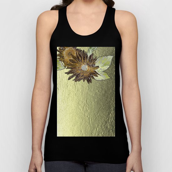 Abstract burnt orange sunflower on golden foil like background Unisex Tank Top