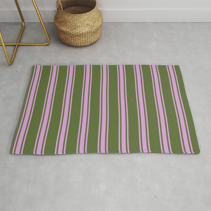 Dark Olive Green & Plum Colored Striped/Lined Pattern Rug