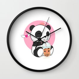 Cute Panda Chibi Drinking Boba Bubble Tea Wall Clock