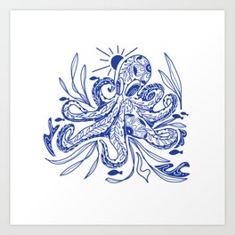 Octopus Focus power Indigo Blue Art Print