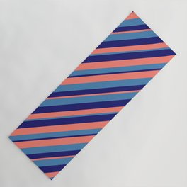 [ Thumbnail: Blue, Midnight Blue, and Salmon Colored Stripes Pattern Yoga Mat ]