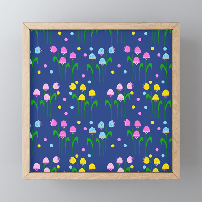 Sweet Blue Bells Spring Colors Flowers In Pink, Turquoise And Bright Yellow With Polka Dots Quad Size Retro Modern Ditzy Scandi On A Navy Blue Field Framed Mini Art Print