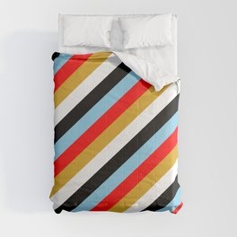 [ Thumbnail: Sky Blue, Red, Goldenrod, White & Black Colored Lines/Stripes Pattern Comforter ]