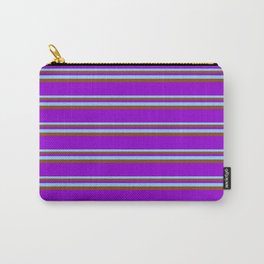 [ Thumbnail: Light Sky Blue, Brown, and Dark Violet Colored Pattern of Stripes Carry-All Pouch ]