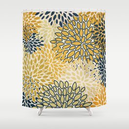 Floral Prints, Abstract Art, Navy Blue and Mustard Yellow, Coloured Prints Shower Curtain