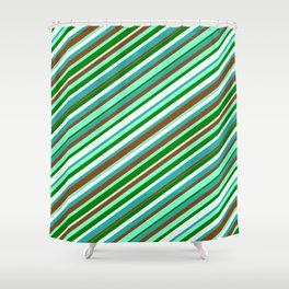 [ Thumbnail: Colorful Light Sea Green, Brown, Aquamarine, Green & Mint Cream Colored Lined/Striped Pattern Shower Curtain ]