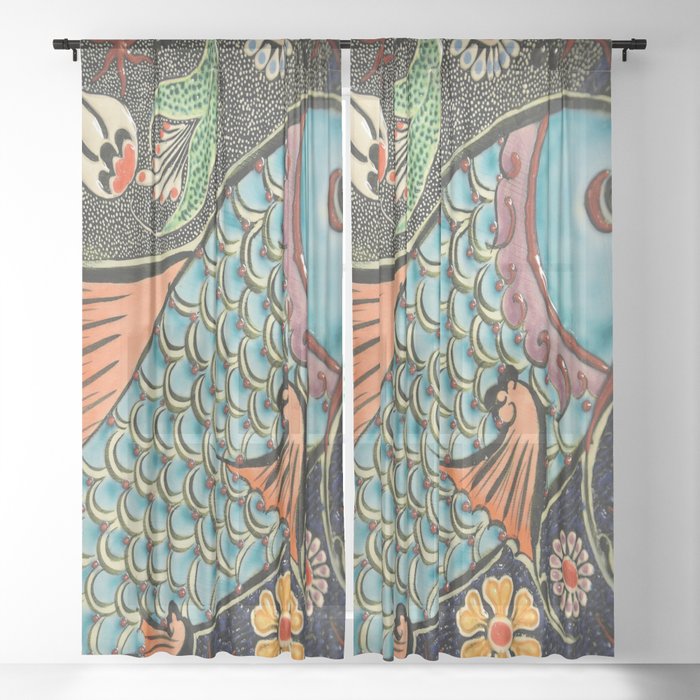 bohemian folk art orange aqua blue japanese good luck koi fish Sheer Curtain