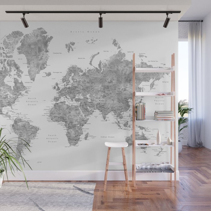 Grayscale watercolor world map with cities Wall Mural