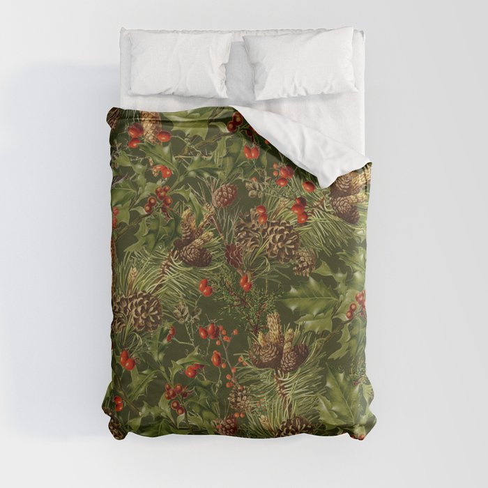 Traditional Holly Christmas Pattern Duvet Cover