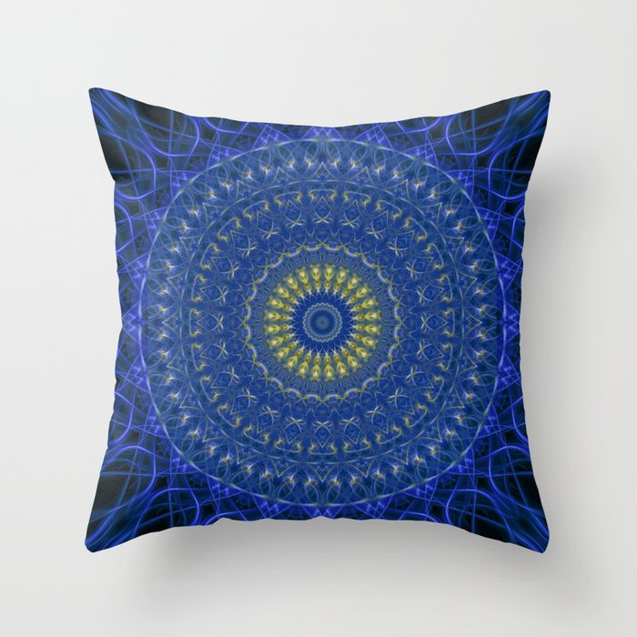 Mandala in dark blue tones with yellow flower Throw Pillow