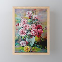 Vintage roses in glass vase Framed Mini Art Print