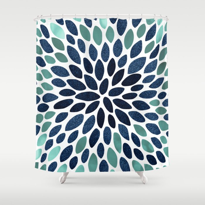 Flower Bloom Aqua And Navy Shower, Navy And Teal Shower Curtain