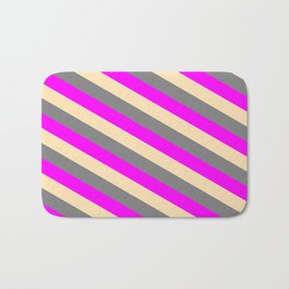 [ Thumbnail: Fuchsia, Beige, and Gray Colored Striped Pattern Bath Mat ]