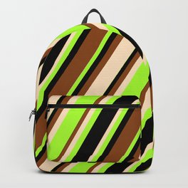 [ Thumbnail: Brown, Bisque, Light Green, and Black Colored Striped Pattern Backpack ]