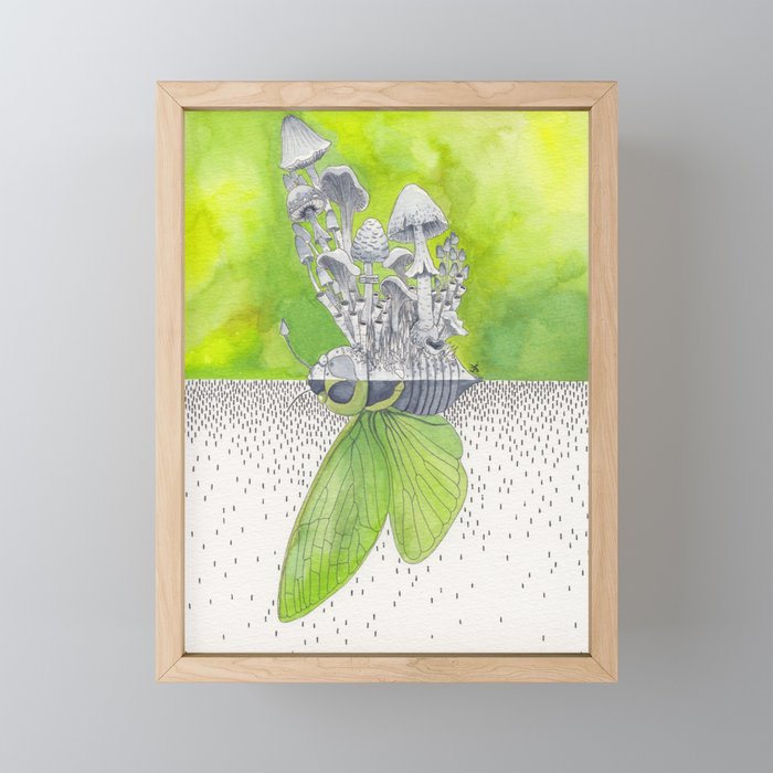 Green Cicada / Mushroom Watercolor Painting Framed Mini Art Print