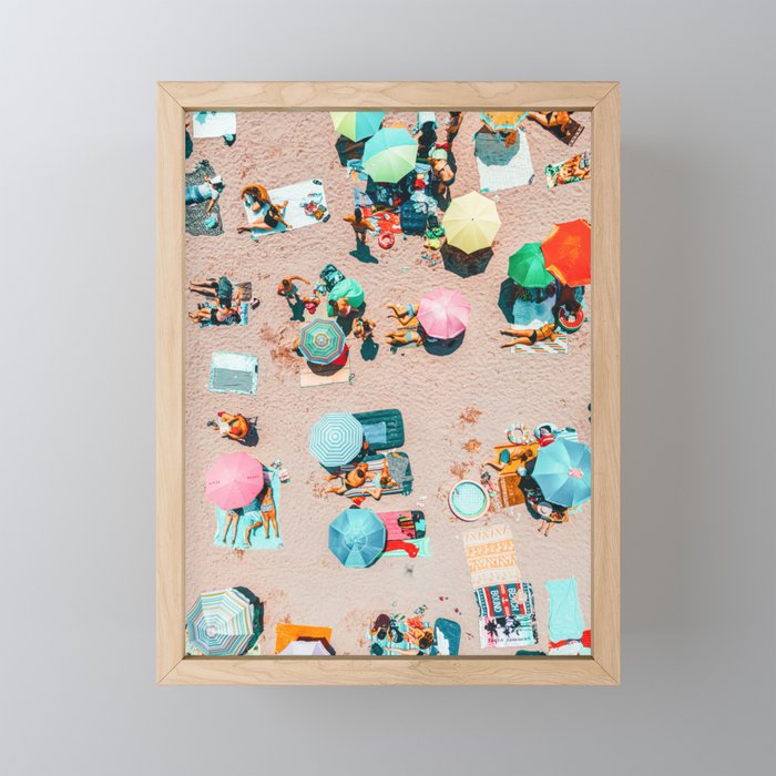 Aerial Drone Summer Beach, People Colorful Umbrellas On Beach Aerial Print, Home Decor Aerial, Minimalist Print, Pastel Beach Framed Mini Art Print