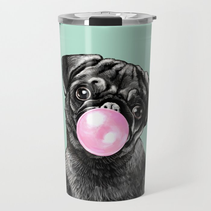 Bubble Gum Black Pug in Green Travel Mug