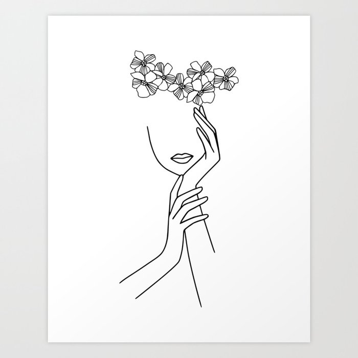 Minimal Line Art Beautiful Flower Girl  Art Print