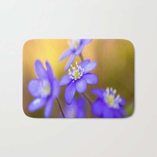 Spring Wildflowers, Beautiful Hepatica in the forest on a sunny and colorful background Bath Mat