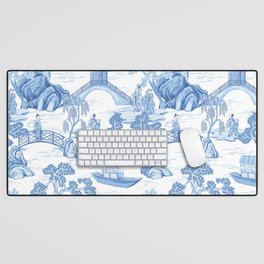 Vintage Chinese pagoda, boat, people, trees floral seamless pattern white background. Blue chinoiserie park wallpaper.  Desk Mat