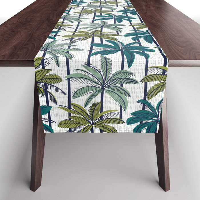 Retro Palm Springs vibes // white background highball sage and pine green palm trees oxford navy blue lines Table Runner